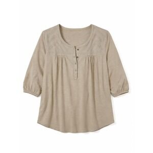 Lucky Brand Tan Embroidered Henley Top Plus Size 1X 3/4 Sleeve Cotton NWT
